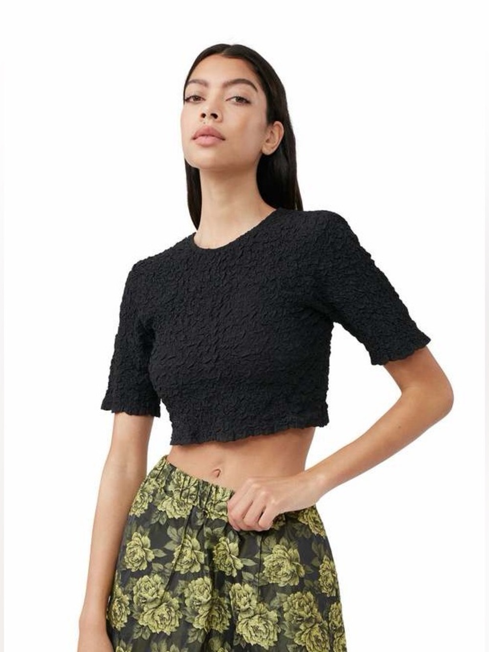 GANNI Cotton Poplin O-Neck Cropped Smock Top in Black, Size 38 (US 6 / Medium)